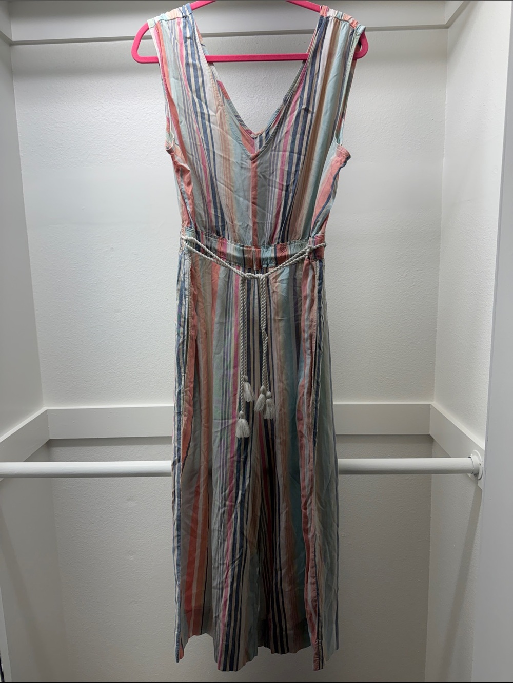Striped V-Neck Jumpsuit with Tassel Belt - Multicolor
